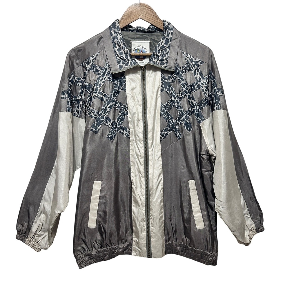 Vintage Atlantic Beach Women Silk‎ Windbreaker M Gray White Animal Print Retro